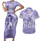Personalised Epilepsy Awareness Couples Matching Short Sleeve Bodycon Dress and Hawaiian Shirt Purple Ribbon Butterfly And Brain Aboriginal Art