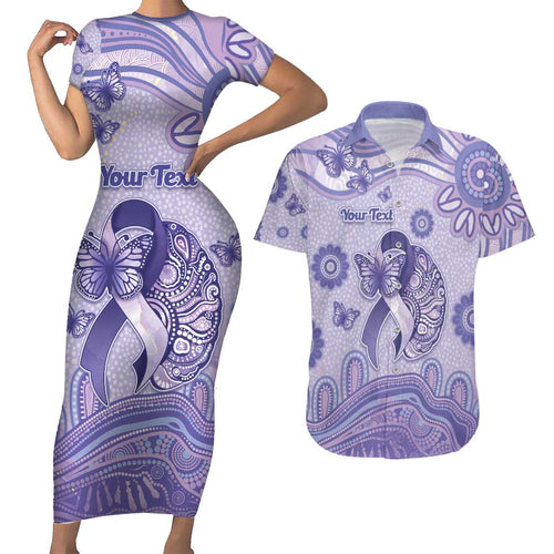 Personalised Epilepsy Awareness Couples Matching Short Sleeve Bodycon Dress and Hawaiian Shirt Purple Ribbon Butterfly And Brain Aboriginal Art