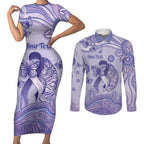 Personalised Epilepsy Awareness Couples Matching Short Sleeve Bodycon Dress and Long Sleeve Button Shirt Purple Ribbon Butterfly And Brain Aboriginal Art