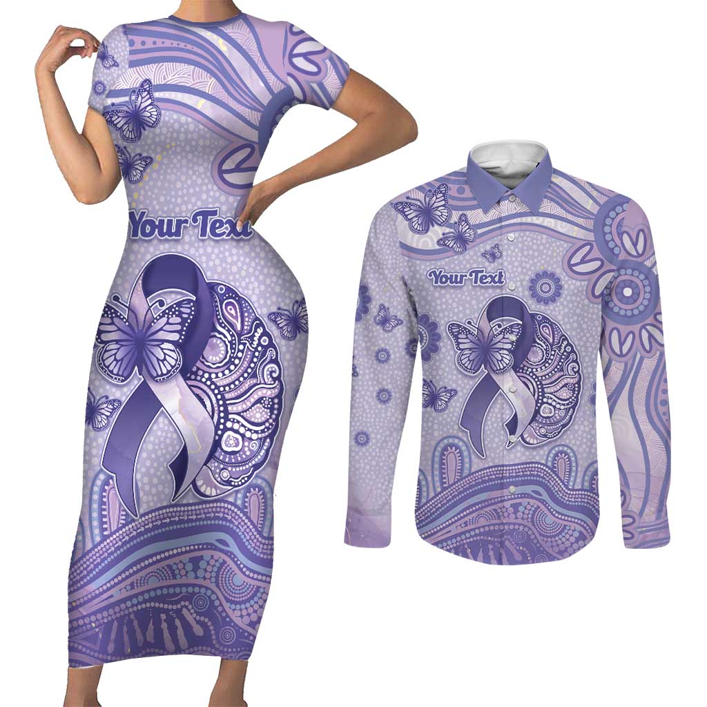 Personalised Epilepsy Awareness Couples Matching Short Sleeve Bodycon Dress and Long Sleeve Button Shirt Purple Ribbon Butterfly And Brain Aboriginal Art