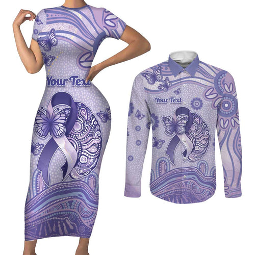 Personalised Epilepsy Awareness Couples Matching Short Sleeve Bodycon Dress and Long Sleeve Button Shirt Purple Ribbon Butterfly And Brain Aboriginal Art