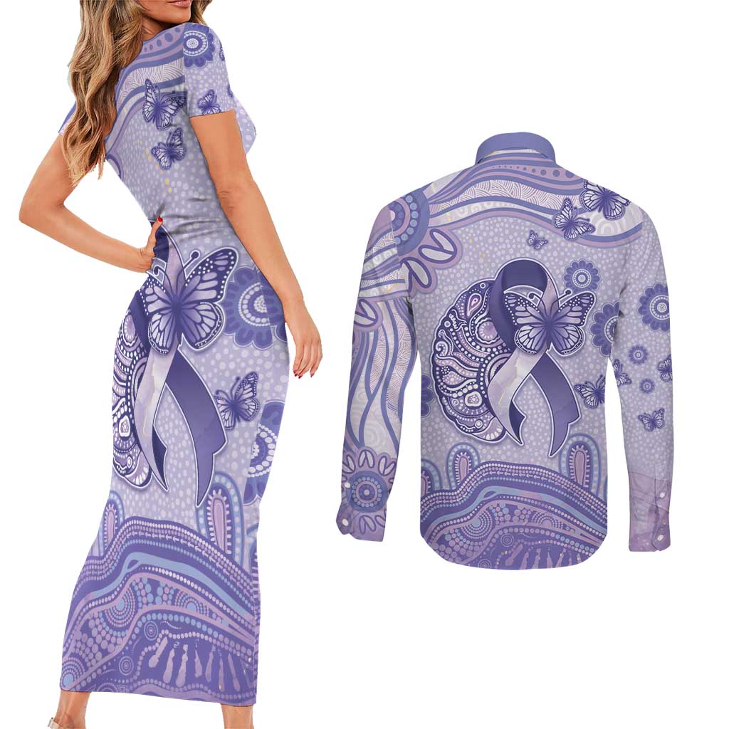 Personalised Epilepsy Awareness Couples Matching Short Sleeve Bodycon Dress and Long Sleeve Button Shirt Purple Ribbon Butterfly And Brain Aboriginal Art