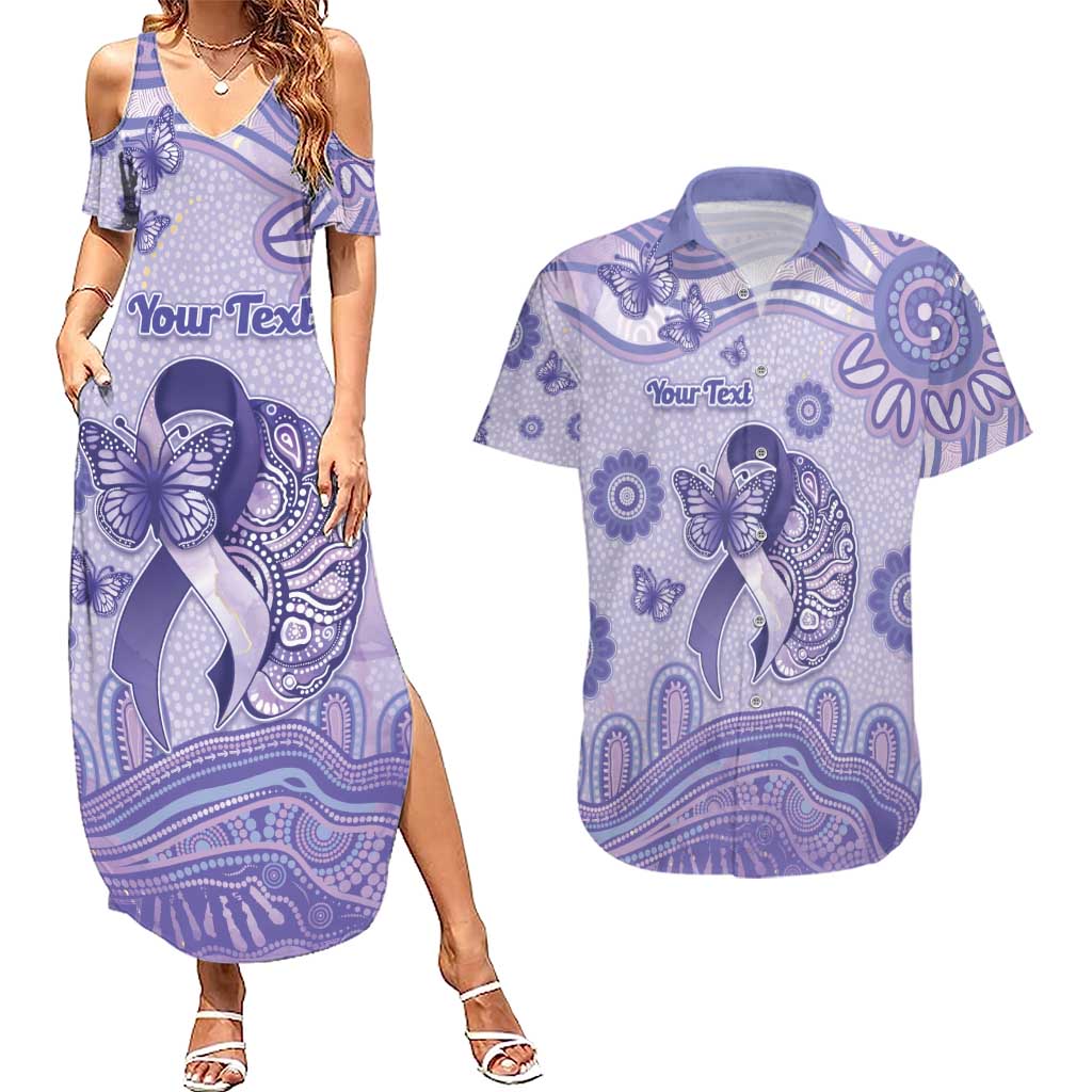 Personalised Epilepsy Awareness Couples Matching Summer Maxi Dress and Hawaiian Shirt Purple Ribbon Butterfly And Brain Aboriginal Art