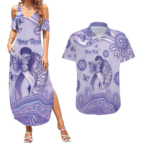 Personalised Epilepsy Awareness Couples Matching Summer Maxi Dress and Hawaiian Shirt Purple Ribbon Butterfly And Brain Aboriginal Art