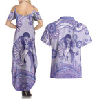 Personalised Epilepsy Awareness Couples Matching Summer Maxi Dress and Hawaiian Shirt Purple Ribbon Butterfly And Brain Aboriginal Art