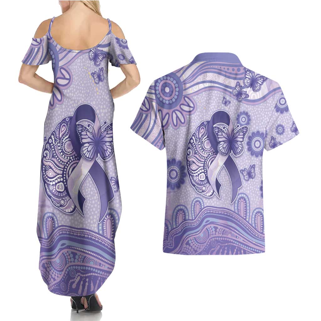 Personalised Epilepsy Awareness Couples Matching Summer Maxi Dress and Hawaiian Shirt Purple Ribbon Butterfly And Brain Aboriginal Art