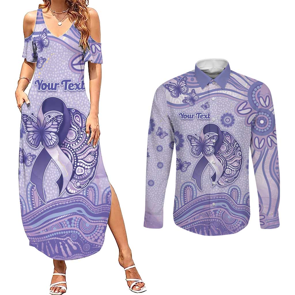 Personalised Epilepsy Awareness Couples Matching Summer Maxi Dress and Long Sleeve Button Shirt Purple Ribbon Butterfly And Brain Aboriginal Art