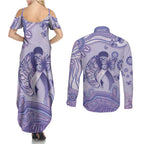 Personalised Epilepsy Awareness Couples Matching Summer Maxi Dress and Long Sleeve Button Shirt Purple Ribbon Butterfly And Brain Aboriginal Art