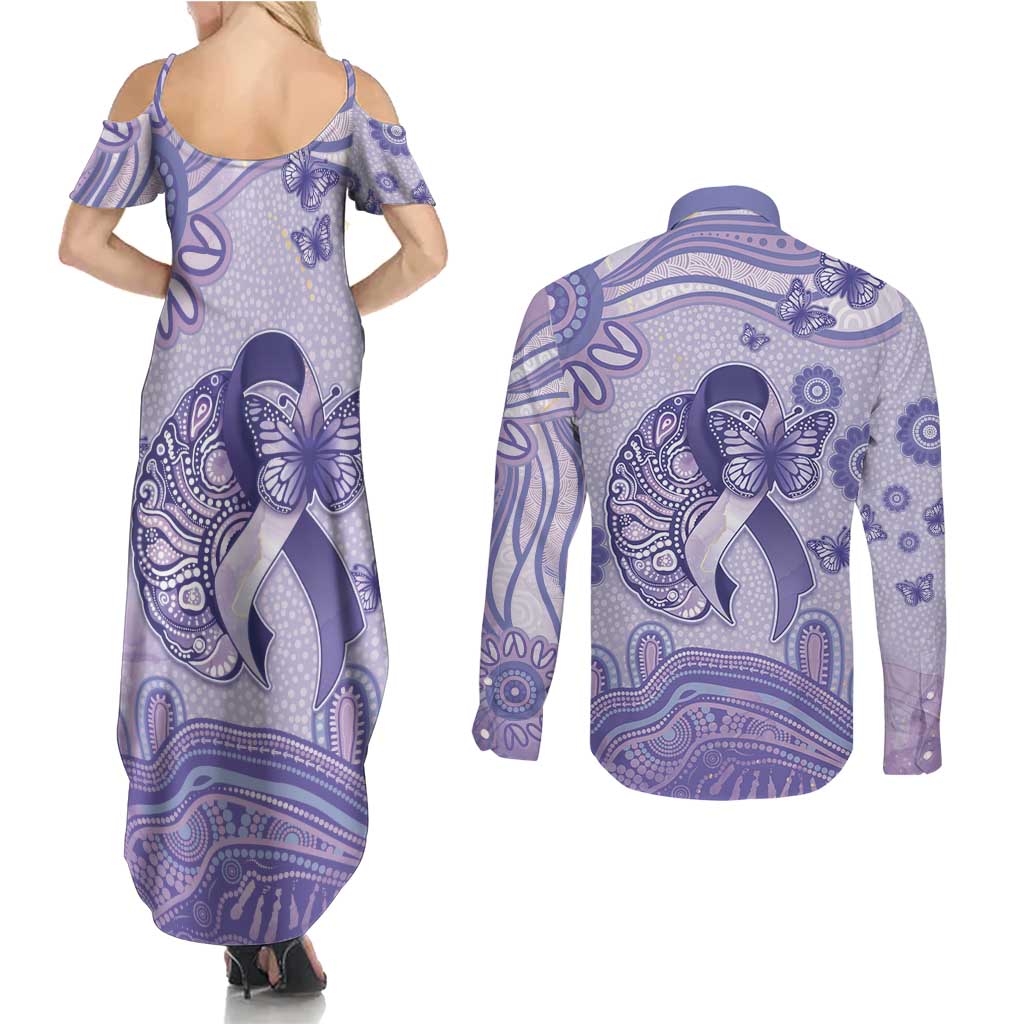 Personalised Epilepsy Awareness Couples Matching Summer Maxi Dress and Long Sleeve Button Shirt Purple Ribbon Butterfly And Brain Aboriginal Art