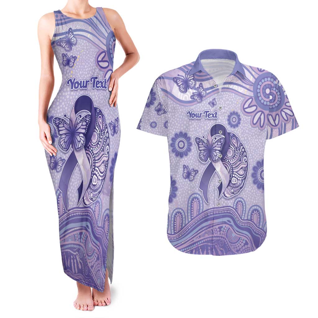 Personalised Epilepsy Awareness Couples Matching Tank Maxi Dress and Hawaiian Shirt Purple Ribbon Butterfly And Brain Aboriginal Art