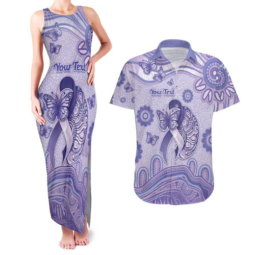 Personalised Epilepsy Awareness Couples Matching Tank Maxi Dress and Hawaiian Shirt Purple Ribbon Butterfly And Brain Aboriginal Art
