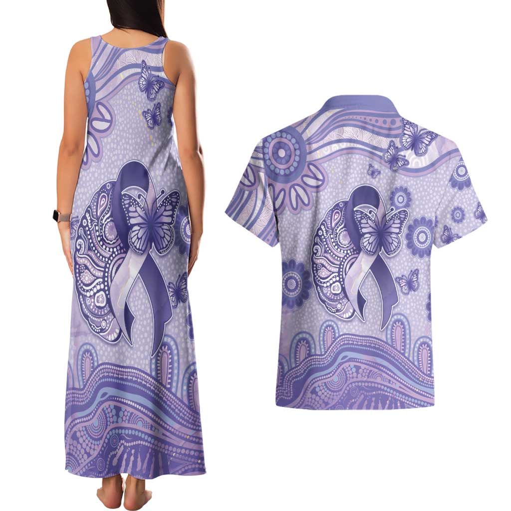 Personalised Epilepsy Awareness Couples Matching Tank Maxi Dress and Hawaiian Shirt Purple Ribbon Butterfly And Brain Aboriginal Art