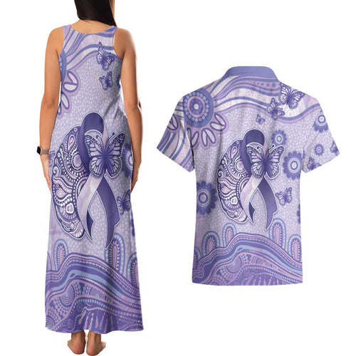 Personalised Epilepsy Awareness Couples Matching Tank Maxi Dress and Hawaiian Shirt Purple Ribbon Butterfly And Brain Aboriginal Art