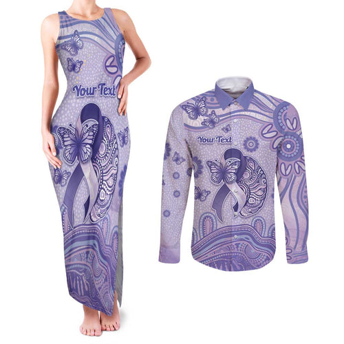 Personalised Epilepsy Awareness Couples Matching Tank Maxi Dress and Long Sleeve Button Shirt Purple Ribbon Butterfly And Brain Aboriginal Art