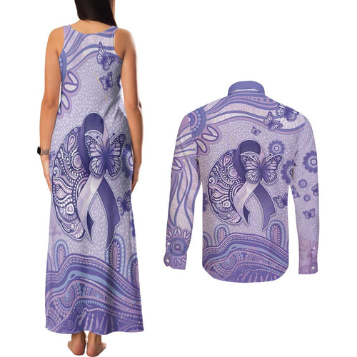 Personalised Epilepsy Awareness Couples Matching Tank Maxi Dress and Long Sleeve Button Shirt Purple Ribbon Butterfly And Brain Aboriginal Art