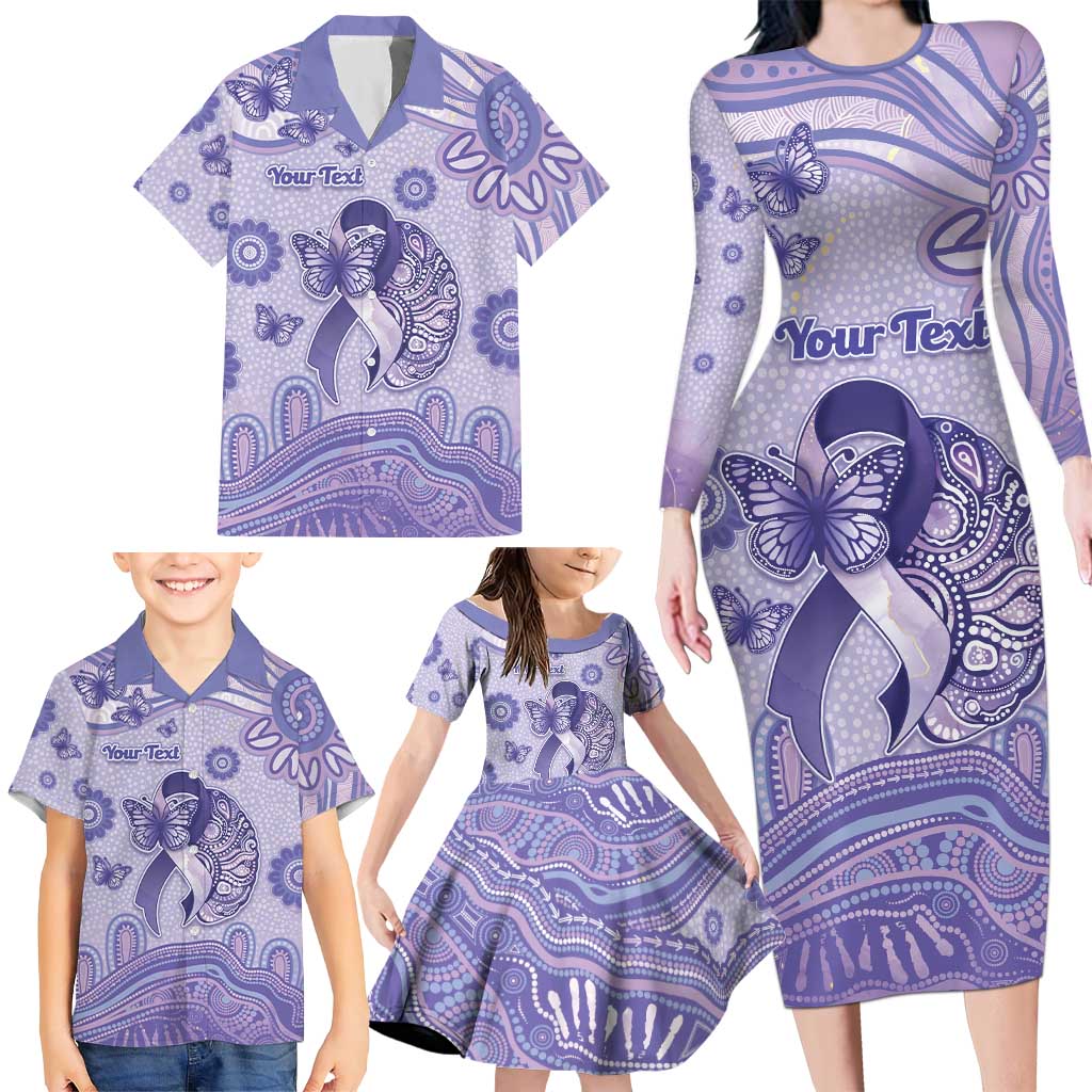 Personalised Epilepsy Awareness Family Matching Long Sleeve Bodycon Dress and Hawaiian Shirt Purple Ribbon Butterfly And Brain Aboriginal Art
