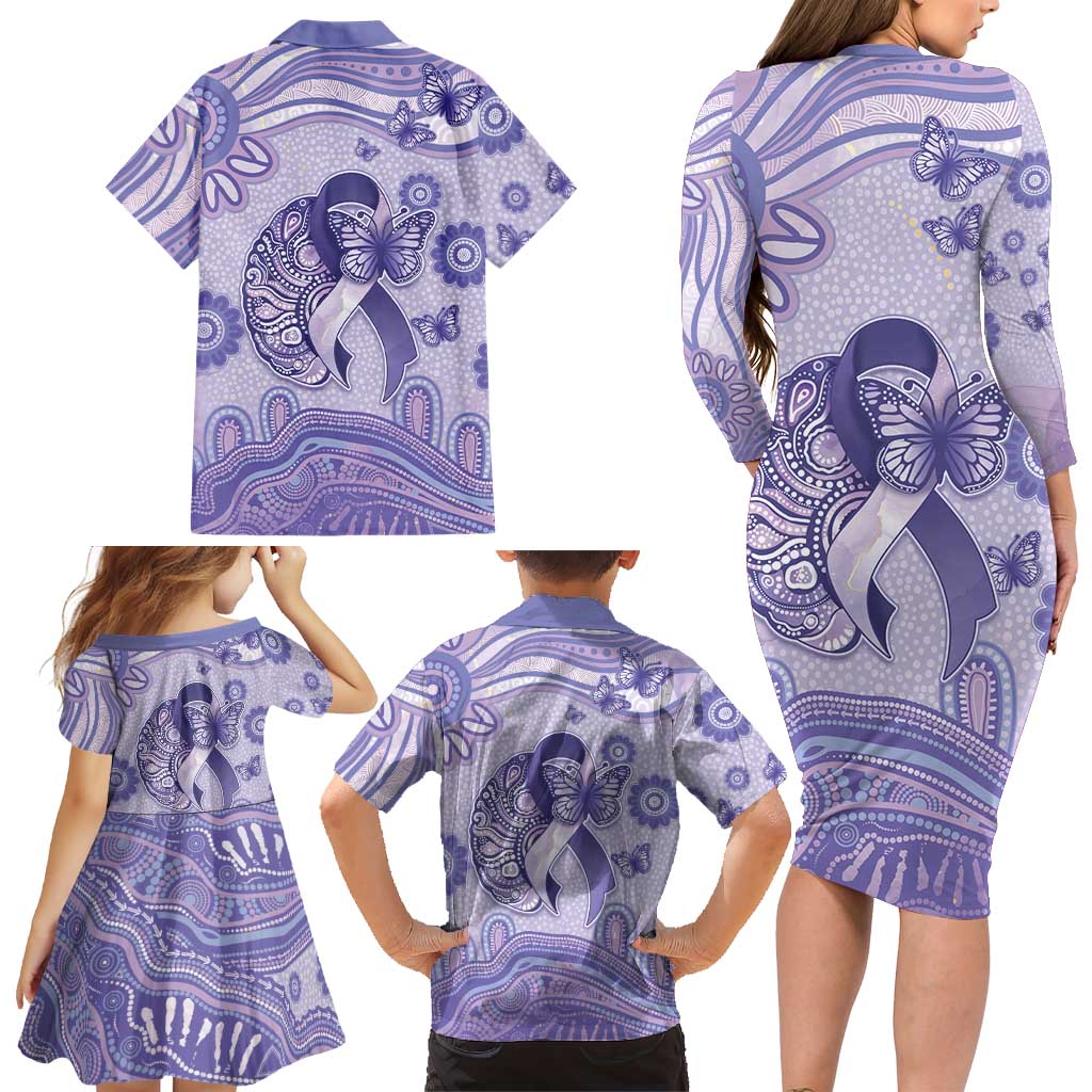 Personalised Epilepsy Awareness Family Matching Long Sleeve Bodycon Dress and Hawaiian Shirt Purple Ribbon Butterfly And Brain Aboriginal Art