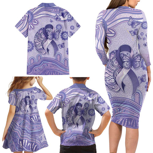 Personalised Epilepsy Awareness Family Matching Long Sleeve Bodycon Dress and Hawaiian Shirt Purple Ribbon Butterfly And Brain Aboriginal Art