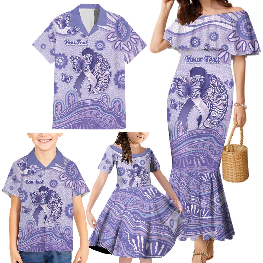 Personalised Epilepsy Awareness Family Matching Mermaid Dress and Hawaiian Shirt Purple Ribbon Butterfly And Brain Aboriginal Art