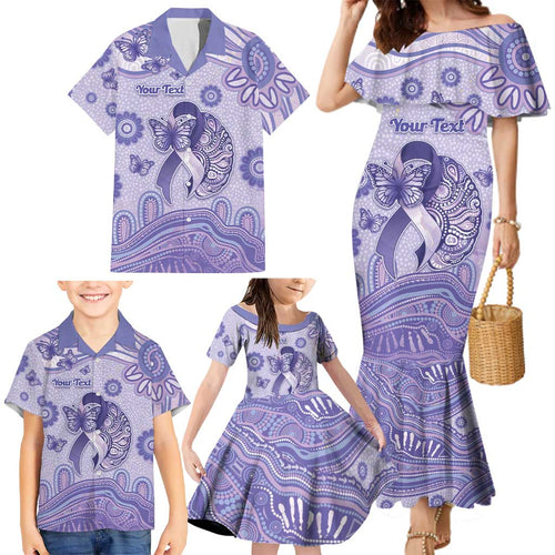 Personalised Epilepsy Awareness Family Matching Mermaid Dress and Hawaiian Shirt Purple Ribbon Butterfly And Brain Aboriginal Art