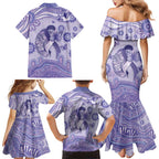 Personalised Epilepsy Awareness Family Matching Mermaid Dress and Hawaiian Shirt Purple Ribbon Butterfly And Brain Aboriginal Art