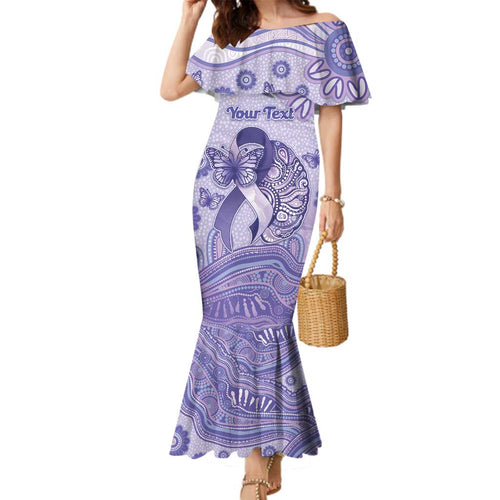 Personalised Epilepsy Awareness Family Matching Mermaid Dress and Hawaiian Shirt Purple Ribbon Butterfly And Brain Aboriginal Art