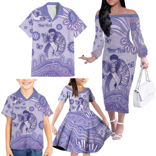 Personalised Epilepsy Awareness Family Matching Off The Shoulder Long Sleeve Dress and Hawaiian Shirt Purple Ribbon Butterfly And Brain Aboriginal Art