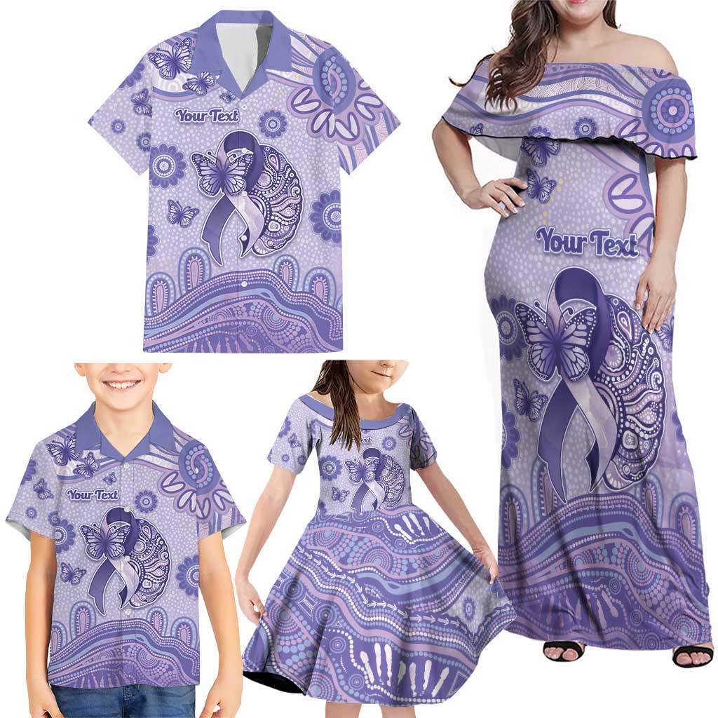 Personalised Epilepsy Awareness Family Matching Off Shoulder Maxi Dress and Hawaiian Shirt Purple Ribbon Butterfly And Brain Aboriginal Art