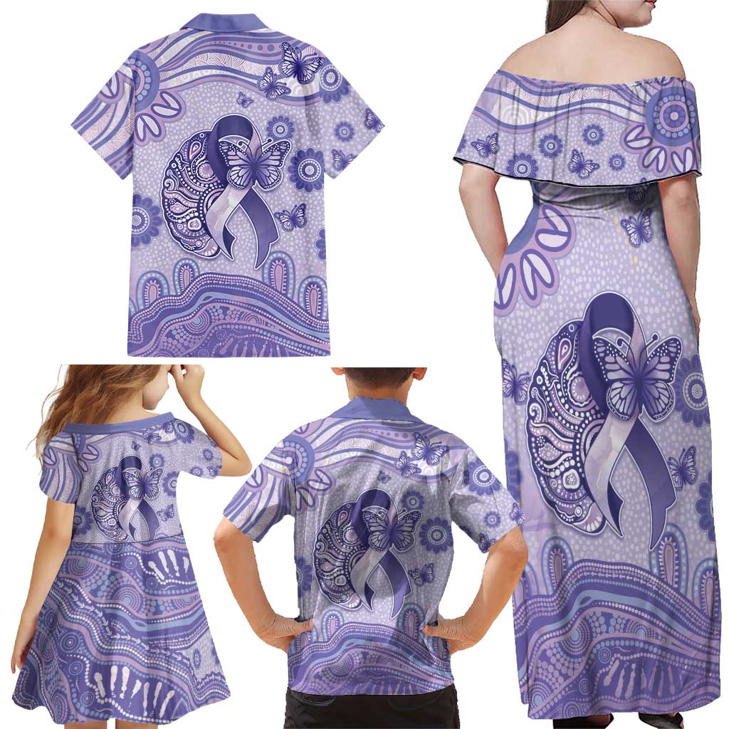 Personalised Epilepsy Awareness Family Matching Off Shoulder Maxi Dress and Hawaiian Shirt Purple Ribbon Butterfly And Brain Aboriginal Art