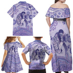 Personalised Epilepsy Awareness Family Matching Off Shoulder Maxi Dress and Hawaiian Shirt Purple Ribbon Butterfly And Brain Aboriginal Art