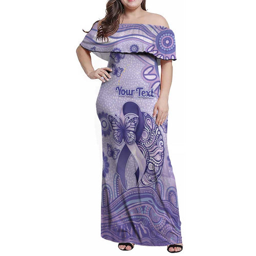 Personalised Epilepsy Awareness Family Matching Off Shoulder Maxi Dress and Hawaiian Shirt Purple Ribbon Butterfly And Brain Aboriginal Art
