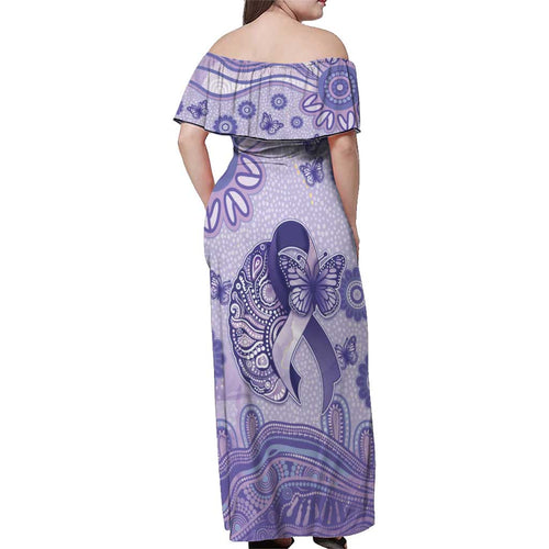 Personalised Epilepsy Awareness Family Matching Off Shoulder Maxi Dress and Hawaiian Shirt Purple Ribbon Butterfly And Brain Aboriginal Art