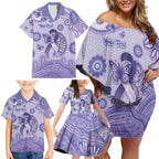 Personalised Epilepsy Awareness Family Matching Off Shoulder Short Dress and Hawaiian Shirt Purple Ribbon Butterfly And Brain Aboriginal Art