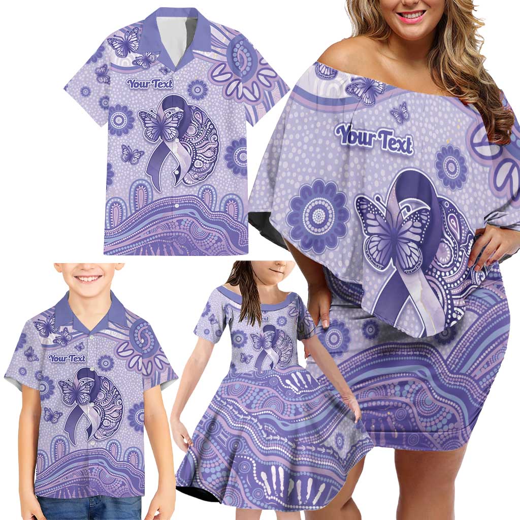 Personalised Epilepsy Awareness Family Matching Off Shoulder Short Dress and Hawaiian Shirt Purple Ribbon Butterfly And Brain Aboriginal Art