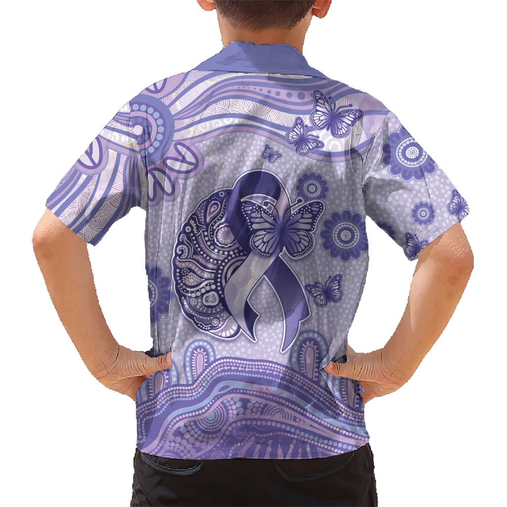Personalised Epilepsy Awareness Family Matching Off Shoulder Short Dress and Hawaiian Shirt Purple Ribbon Butterfly And Brain Aboriginal Art