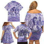 Personalised Epilepsy Awareness Family Matching Off Shoulder Short Dress and Hawaiian Shirt Purple Ribbon Butterfly And Brain Aboriginal Art