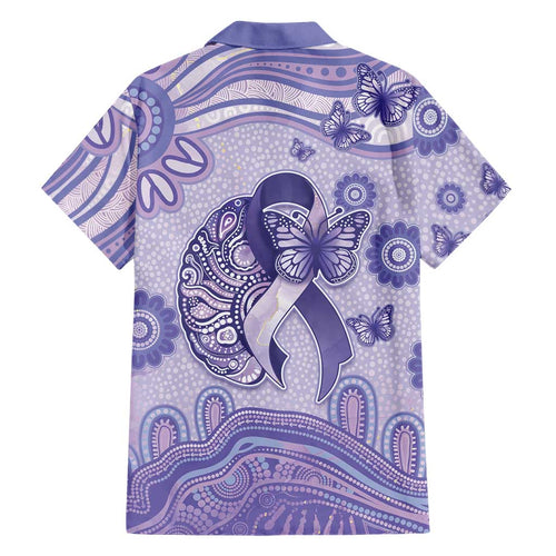 Personalised Epilepsy Awareness Family Matching Off Shoulder Short Dress and Hawaiian Shirt Purple Ribbon Butterfly And Brain Aboriginal Art