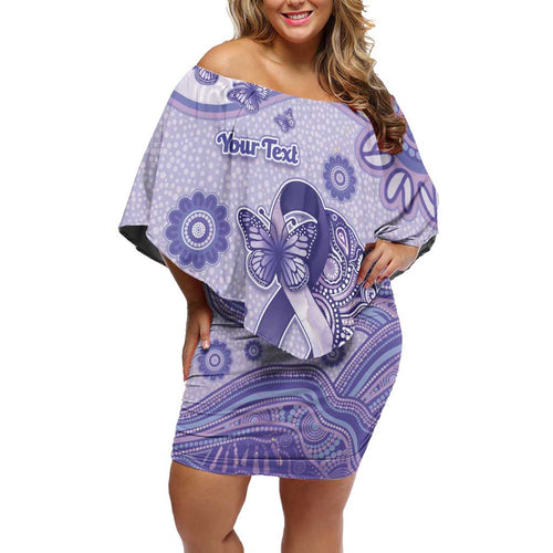 Personalised Epilepsy Awareness Family Matching Off Shoulder Short Dress and Hawaiian Shirt Purple Ribbon Butterfly And Brain Aboriginal Art