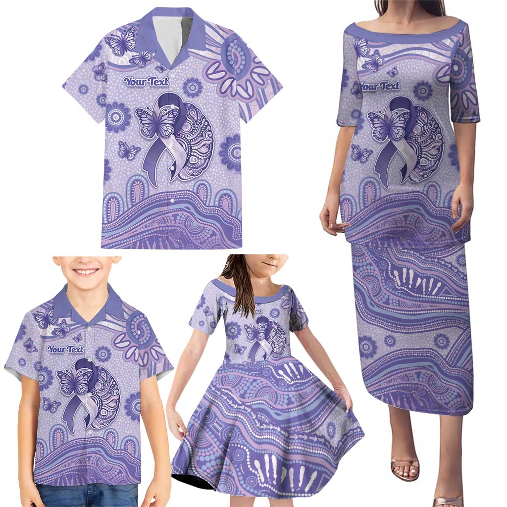 Personalised Epilepsy Awareness Family Matching Puletasi and Hawaiian Shirt Purple Ribbon Butterfly And Brain Aboriginal Art
