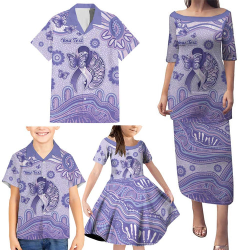 Personalised Epilepsy Awareness Family Matching Puletasi and Hawaiian Shirt Purple Ribbon Butterfly And Brain Aboriginal Art