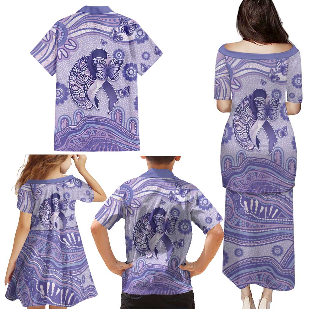 Personalised Epilepsy Awareness Family Matching Puletasi and Hawaiian Shirt Purple Ribbon Butterfly And Brain Aboriginal Art