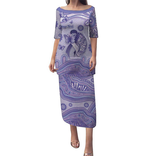 Personalised Epilepsy Awareness Family Matching Puletasi and Hawaiian Shirt Purple Ribbon Butterfly And Brain Aboriginal Art