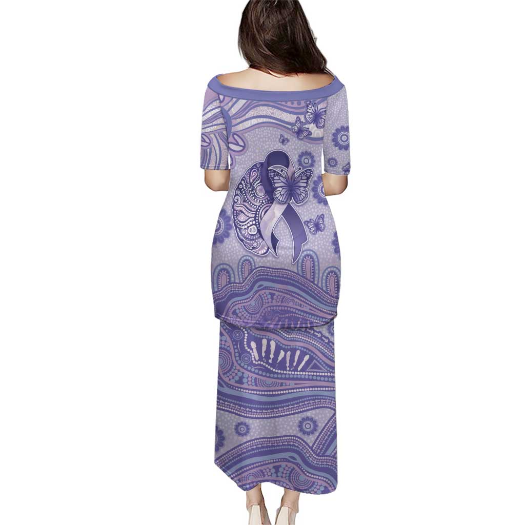 Personalised Epilepsy Awareness Family Matching Puletasi and Hawaiian Shirt Purple Ribbon Butterfly And Brain Aboriginal Art