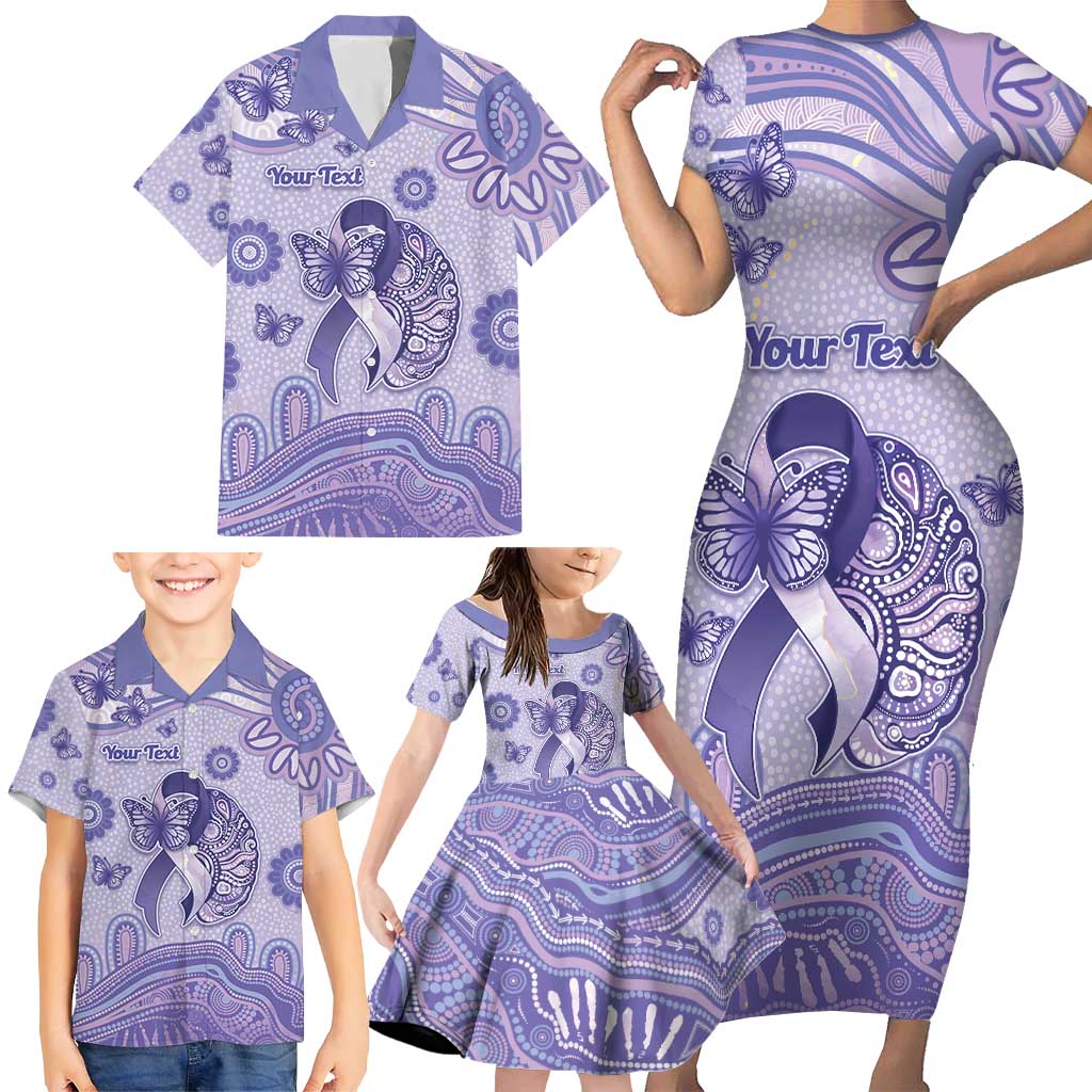 Personalised Epilepsy Awareness Family Matching Short Sleeve Bodycon Dress and Hawaiian Shirt Purple Ribbon Butterfly And Brain Aboriginal Art