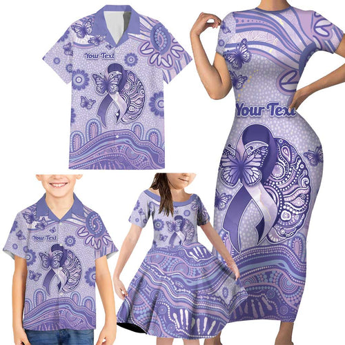 Personalised Epilepsy Awareness Family Matching Short Sleeve Bodycon Dress and Hawaiian Shirt Purple Ribbon Butterfly And Brain Aboriginal Art