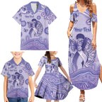 Personalised Epilepsy Awareness Family Matching Summer Maxi Dress and Hawaiian Shirt Purple Ribbon Butterfly And Brain Aboriginal Art