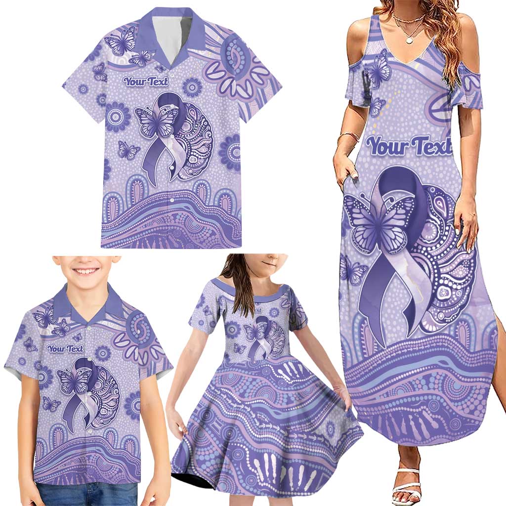 Personalised Epilepsy Awareness Family Matching Summer Maxi Dress and Hawaiian Shirt Purple Ribbon Butterfly And Brain Aboriginal Art