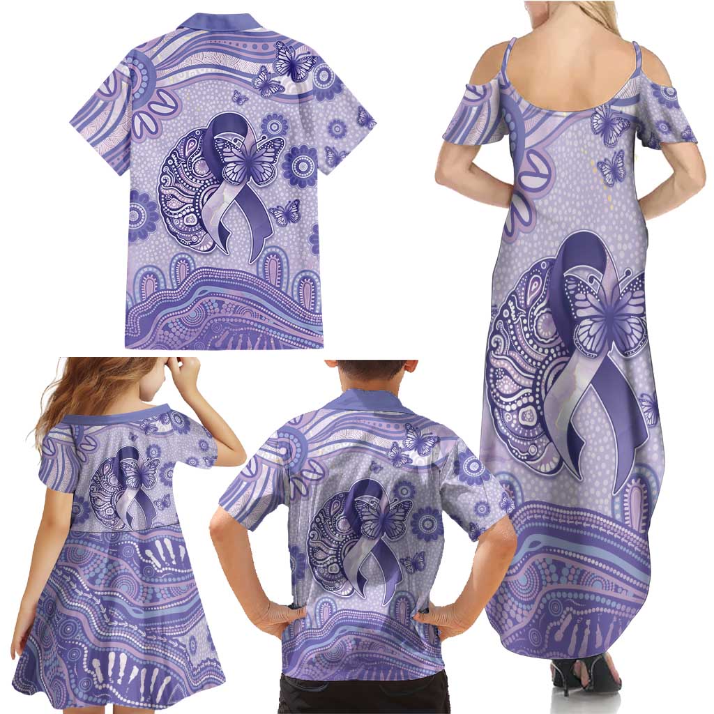 Personalised Epilepsy Awareness Family Matching Summer Maxi Dress and Hawaiian Shirt Purple Ribbon Butterfly And Brain Aboriginal Art