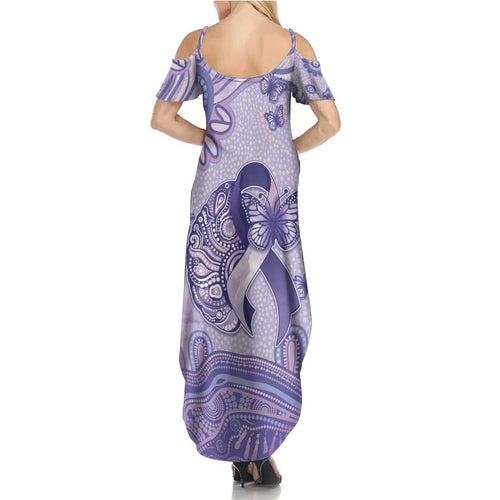 Personalised Epilepsy Awareness Family Matching Summer Maxi Dress and Hawaiian Shirt Purple Ribbon Butterfly And Brain Aboriginal Art