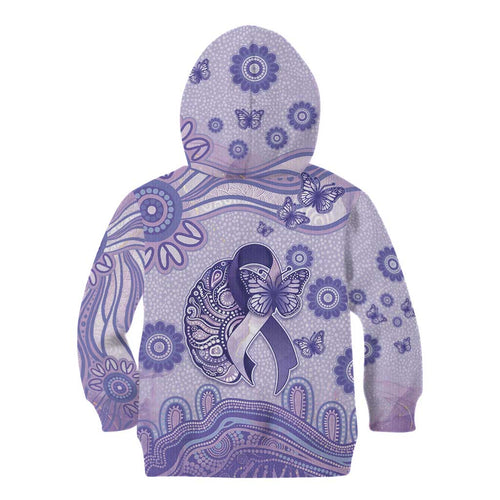 Personalised Epilepsy Awareness Kid Hoodie Purple Ribbon Butterfly And Brain Aboriginal Art